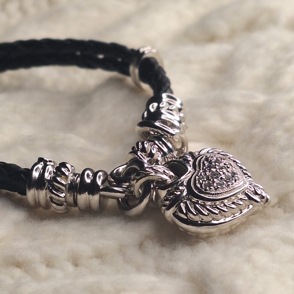 Judith Ripka Sterling Heart Charm Bracelet, Leather Band & Cubic Zirconia - Picture 12 of 12